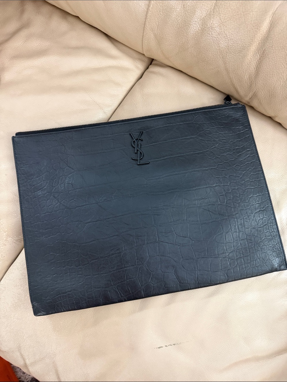 Saint Laurent Black Croc-Embossed Leather Zip Pouch Clutch